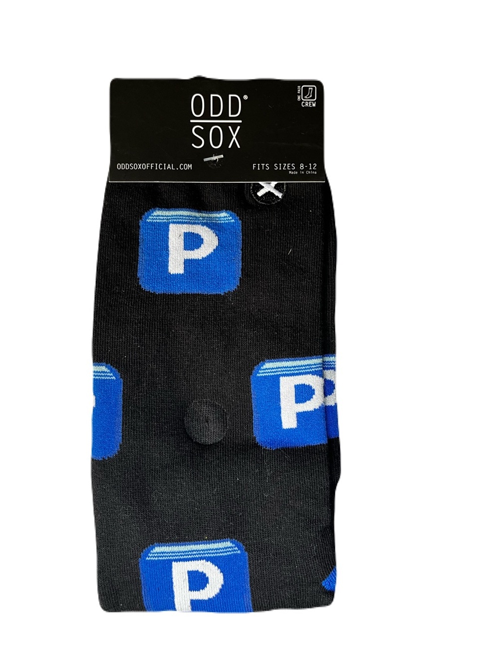 Odd Sox Men’s Black Crew Socks with Blue 'P' Block Pattern